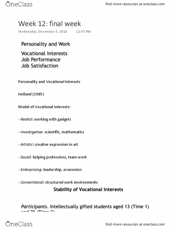 PSY230H5 Lecture Notes - Lecture 12: Job Performance, Heritability, Conscientiousness thumbnail
