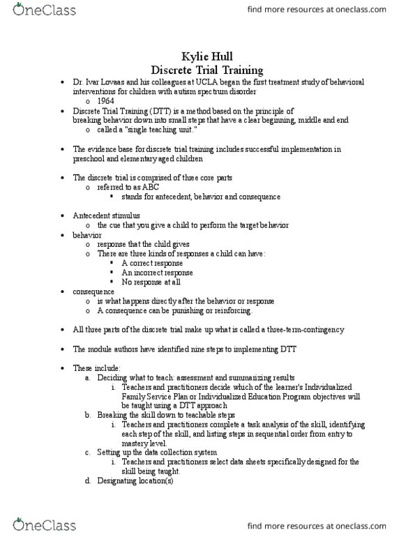 PSY 3010 Lecture Notes - Lecture 2: Discrete Trial Training, Individualized Education Program, Autism Spectrum thumbnail