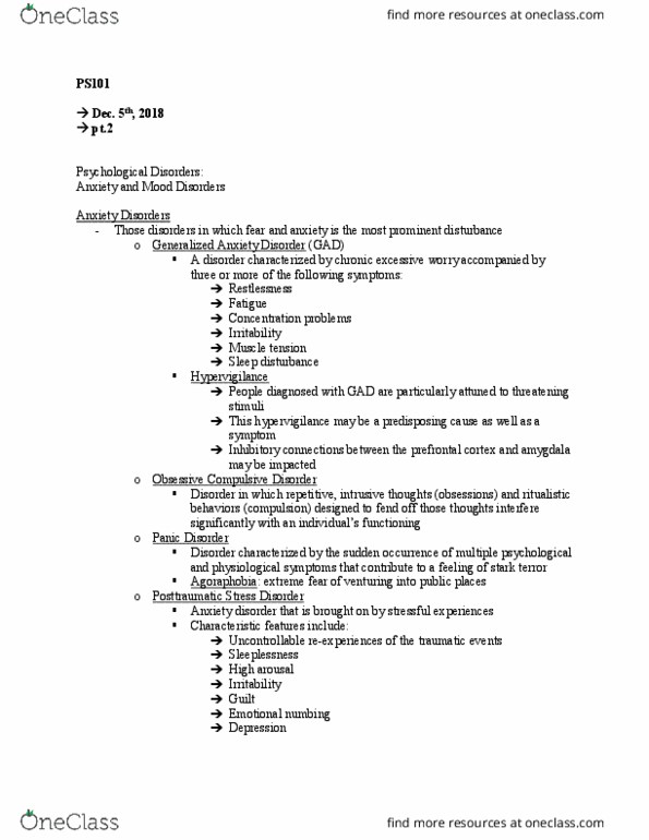 CAS PS 101 Lecture Notes - Lecture 31: Obsessive–Compulsive Disorder, Posttraumatic Stress Disorder, Generalized Anxiety Disorder thumbnail