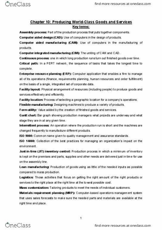 MGMT 100 Chapter Notes - Chapter 10: Enterprise Resource Planning, Iso 14000, Iso 9000 thumbnail