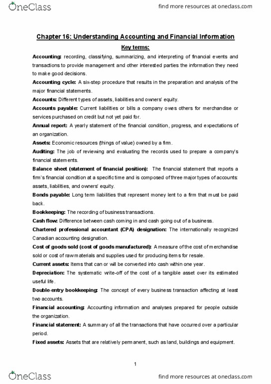 MGMT 100 Chapter Notes - Chapter 16: Chartered Professional Accountant, Cash Flow Statement, Financial Accounting thumbnail