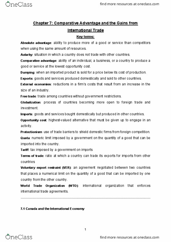 ECON 101 Chapter Notes - Chapter 7: World Trade Organization, Voluntary Export Restraints, Comparative Advantage thumbnail