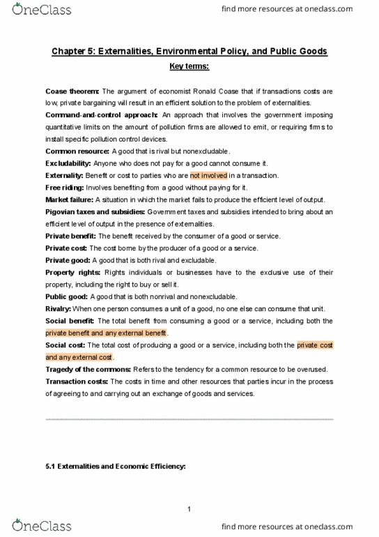 ECON 101 Chapter Notes - Chapter 5: Ronald Coase, Coase Theorem, Public Good thumbnail