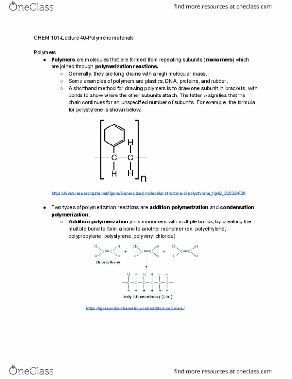 CHEM 101 Lecture Notes - Lecture 40: Polyvinyl Chloride, Chain-Growth Polymerization, Polystyrene cover image