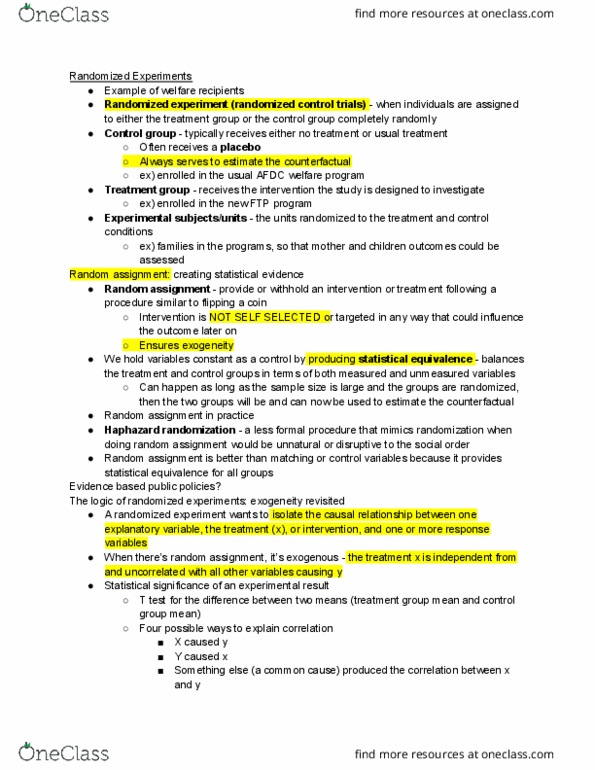 POLS 208 Chapter Notes - Chapter 14: Randomized Experiment, Aid To Families With Dependent Children, Treatment And Control Groups thumbnail