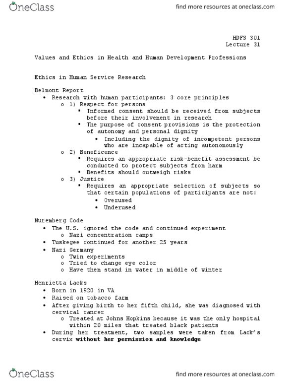 HDFS 301 Lecture Notes - Lecture 31: Nazi Concentration Camps, Henrietta Lacks, Nuremberg Code thumbnail