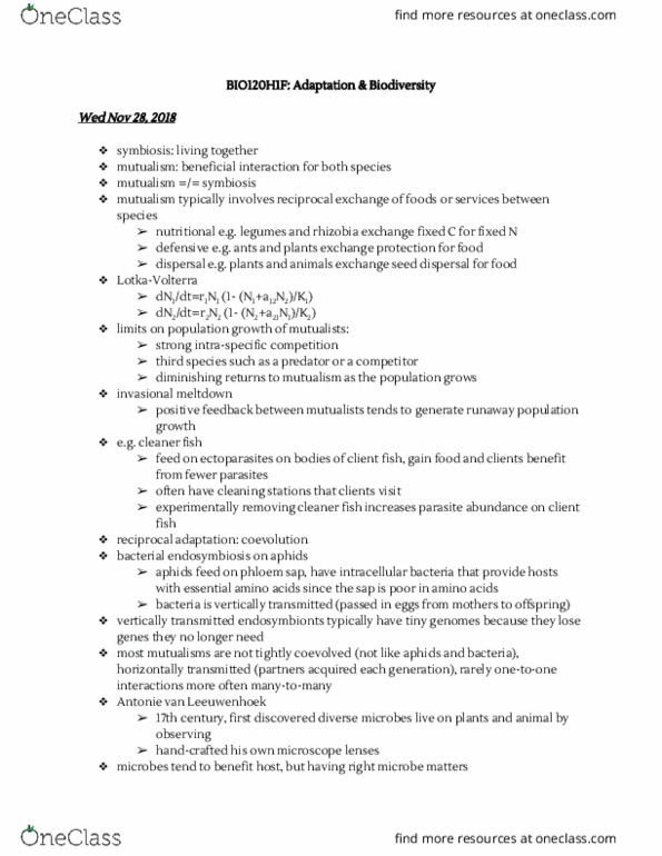 BIO120H1 Lecture Notes - Lecture 21: Antonie Van Leeuwenhoek, Cleaner Fish, Intraspecific Competition thumbnail