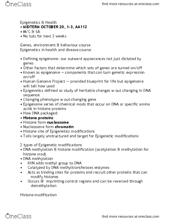 HLTB22H3 Lecture Notes - Lecture 3: Human Genome Project, Epigenome, Methyl Group thumbnail