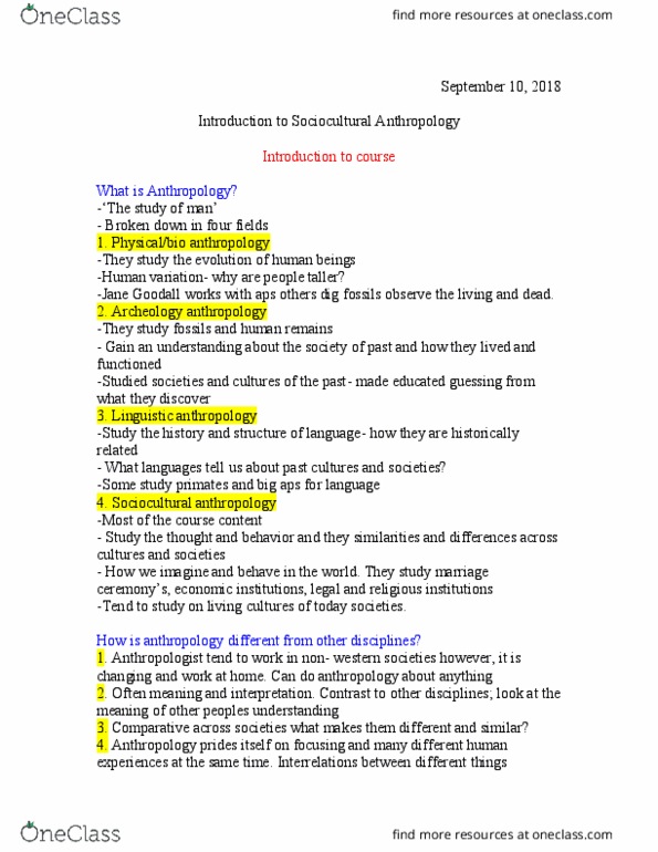 ANT102H5 Lecture Notes - Lecture 1: Sociocultural Anthropology, Jane Goodall, Linguistic Anthropology thumbnail