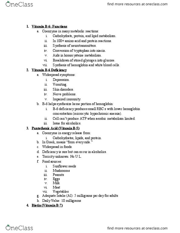 NUTR 132 Lecture Notes - Lecture 8: Vitamin B6, Pantothenic Acid, Cellular Respiration thumbnail