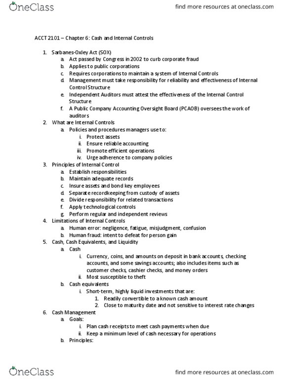 ACCT 2101 Lecture Notes - Lecture 6: Public Company Accounting Oversight Board, Internal Control, Petty Cash thumbnail