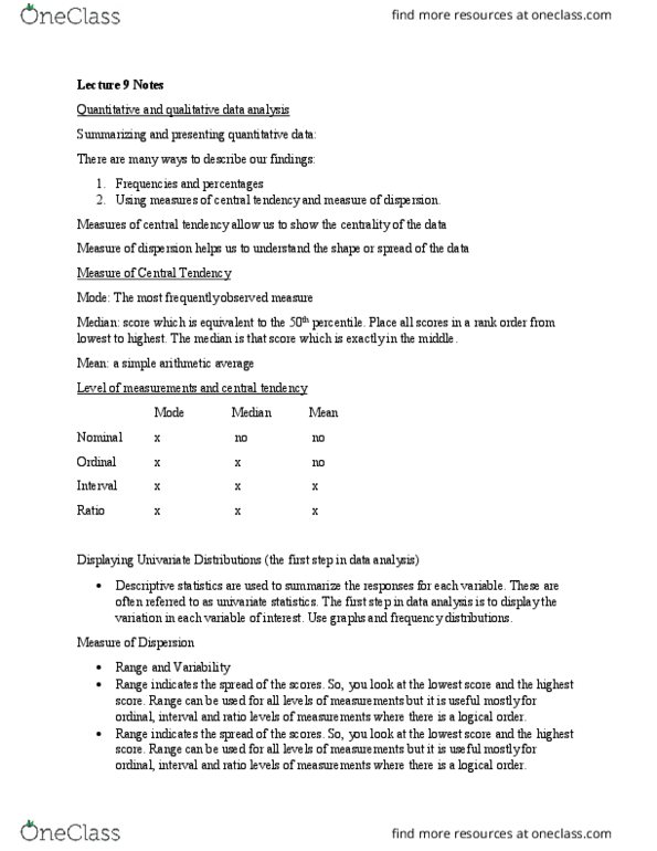SOWK 3070 Lecture Notes - Lecture 9: Qualitative Research, Univariate, Central Tendency thumbnail