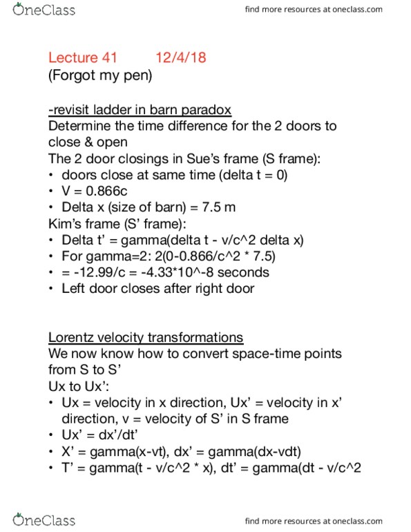 PHYSICS 1250 Lecture Notes - Lecture 41: Switch, Invariant Mass, Galilean Transformation thumbnail