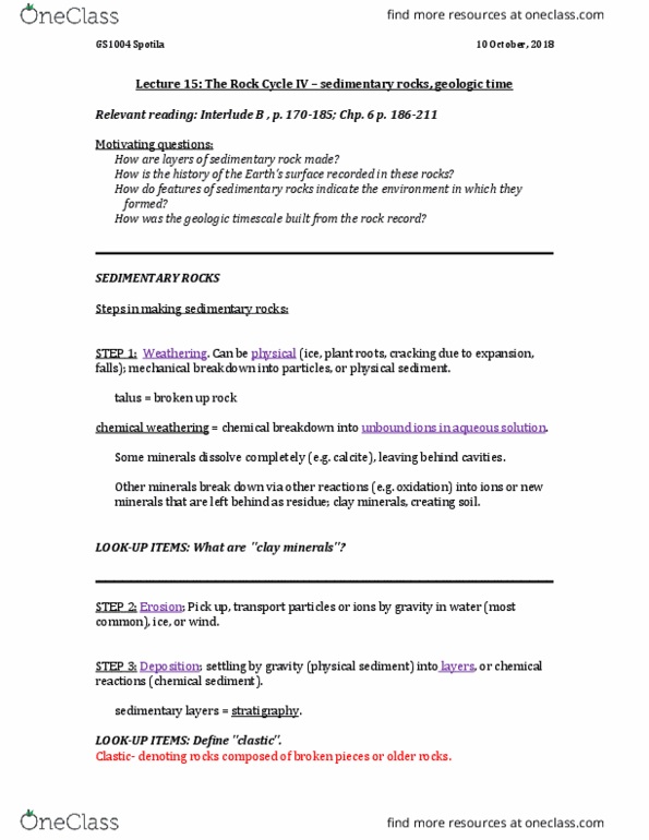 GEOS 1004 Lecture Notes - Lecture 15: Clay Minerals, Clastic Rock, Calcite thumbnail