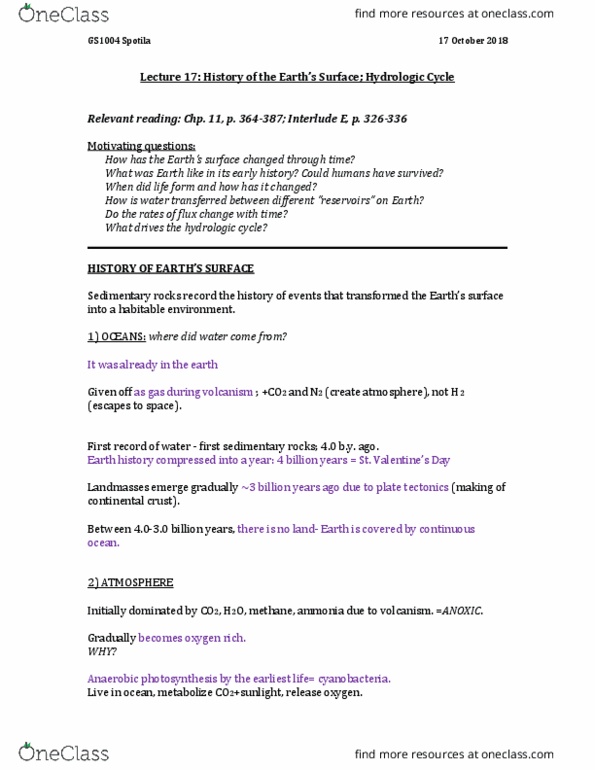 GEOS 1004 Lecture Notes - Lecture 17: Water Cycle, Continental Crust, Cyanobacteria thumbnail