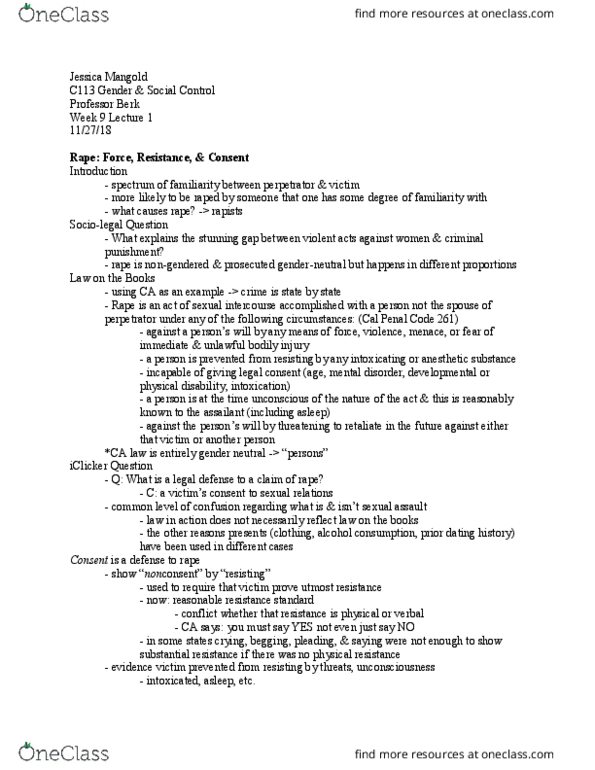 CRM/LAW C113 Lecture Notes - Lecture 16: Mental Disorder, Todd Akin, The Hunting Ground thumbnail
