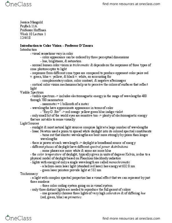 PSY BEH 11A Lecture Notes - Lecture 17: Spectral Power Distribution, Spectral Sensitivity, Trichromacy thumbnail