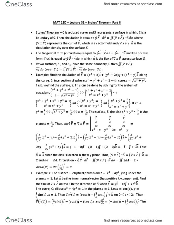 MAT 21D Lecture Notes - Lecture 31: Curve, Ellipse, Conservative Vector Field cover image