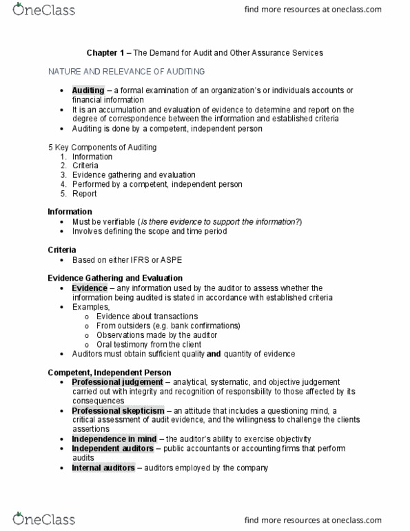 Management and Organizational Studies 3363A/B Chapter Notes - Chapter 1: Audit Evidence, Internal Audit, American Institute Of Certified Public Accountants thumbnail