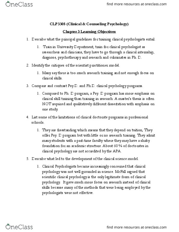 CLP-3305 Lecture Notes - Lecture 3: Clinical Psychology, Doctor Of Psychology, Psy thumbnail
