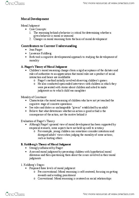 PSYC 302 Lecture Notes - Prosocial Behavior, Moral Reasoning, Lawrence Kohlberg thumbnail