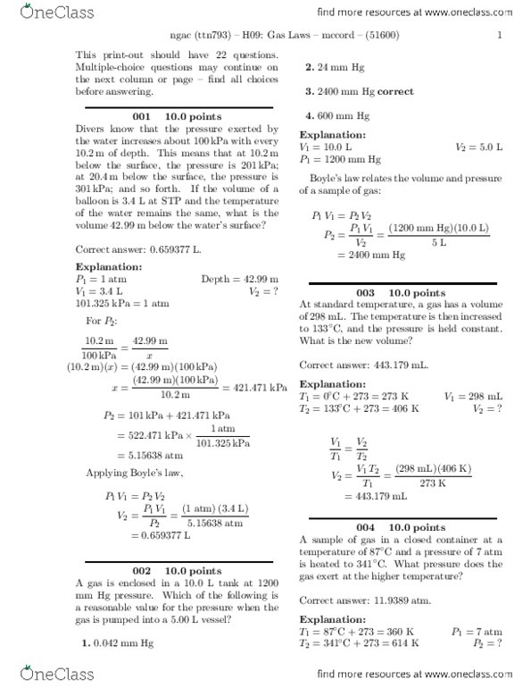 CH 301 Lecture Notes - Combined Gas Law, Ideal Gas Law, Torr thumbnail