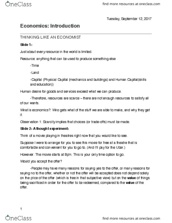 ECO101H1 Lecture Notes - Lecture 1: Thought Experiment, Second Cup, Dime (United States Coin) thumbnail