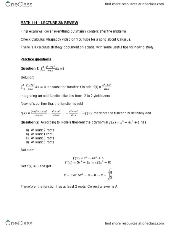 MATH114 Lecture Notes - Lecture 28: Even And Odd Functions cover image