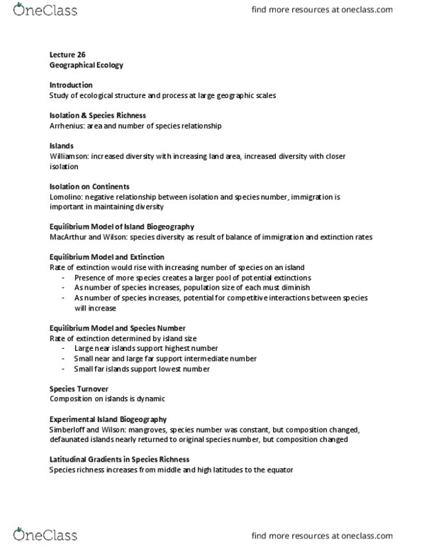 BIO 309 Lecture Notes - Lecture 26: Species Richness, Biogeography, Ice Age thumbnail