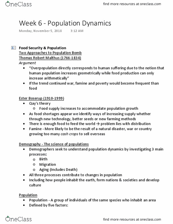 ENST 1020 Lecture Notes - Lecture 6: Thomas Robert Malthus, Ester Boserup, Arithmetic Progression thumbnail