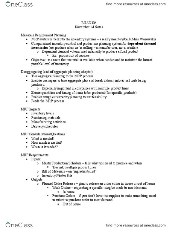 BUAD306 Lecture Notes - Lecture 26: Master Production Schedule, Material Requirements Planning, Purchase Order thumbnail