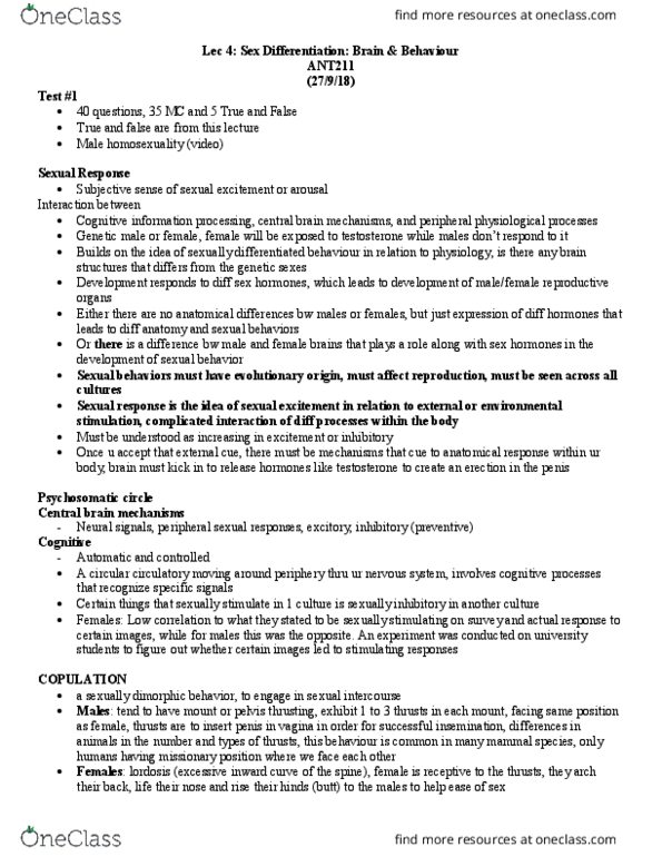 ANT211H5 Lecture Notes - Lecture 4: Missionary Position, Sexual Differentiation, Autonomic Nervous System thumbnail