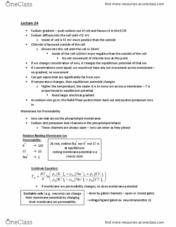 BIOB34H3 Lecture Notes - Lecture 24: Lipid Bilayer, Goldman Equation, Resting Potential thumbnail
