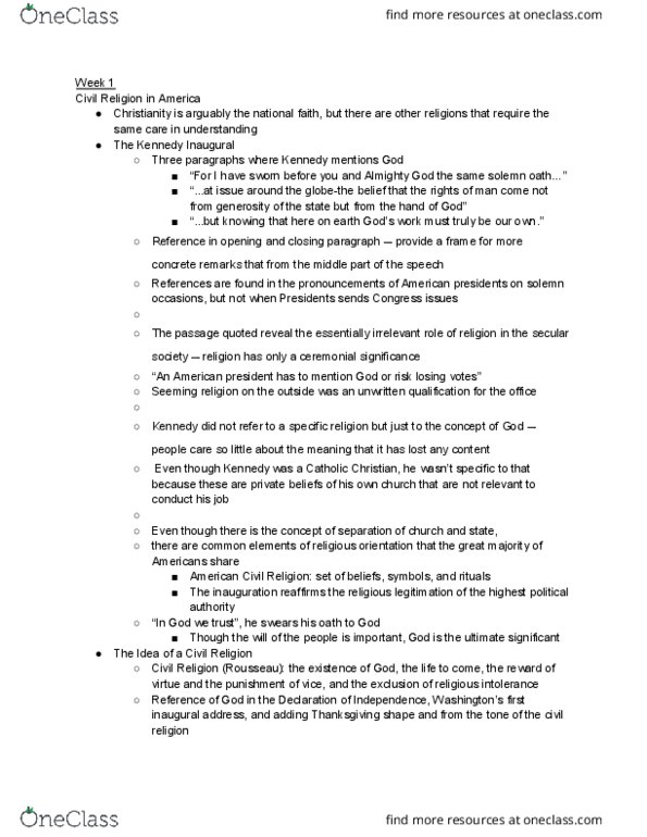 AS AM 71 Chapter Notes - Chapter WEEK 1 - 5: American Civil Religion, Civil Religion, Westron thumbnail