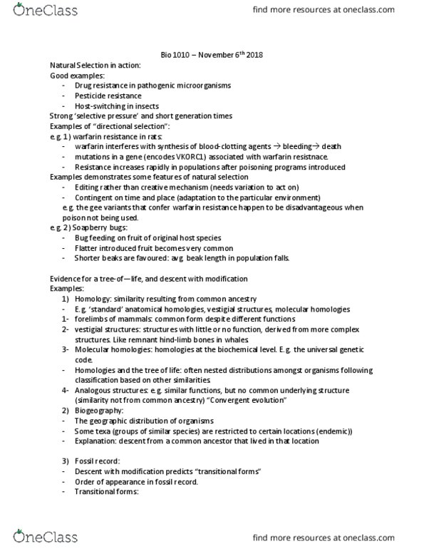 BIOL 1010 Lecture Notes - Lecture 2: Vkorc1, Warfarin, Pesticide Resistance thumbnail