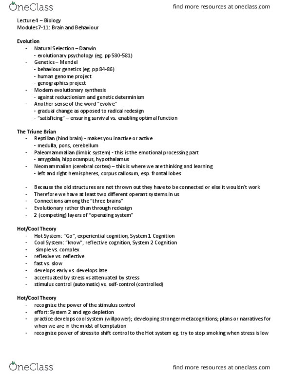 PSYC 1F90 Lecture Notes - Lecture 4: Human Genome Project, Triune Brain, Ego Depletion thumbnail