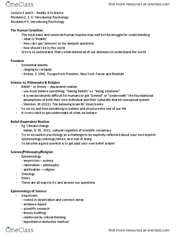 PSYC 1F90 Lecture Notes - Lecture 3: Empiricism, Scientific Method, Critical Thinking thumbnail