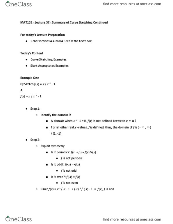 MAT135H1 Lecture Notes - Lecture 37: Asymptote, Even And Odd Functions, Inflection thumbnail