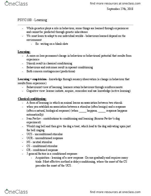 PSYC 100 Lecture Notes - Lecture 4: Tabula Rasa, Classical Conditioning, Operant Conditioning thumbnail