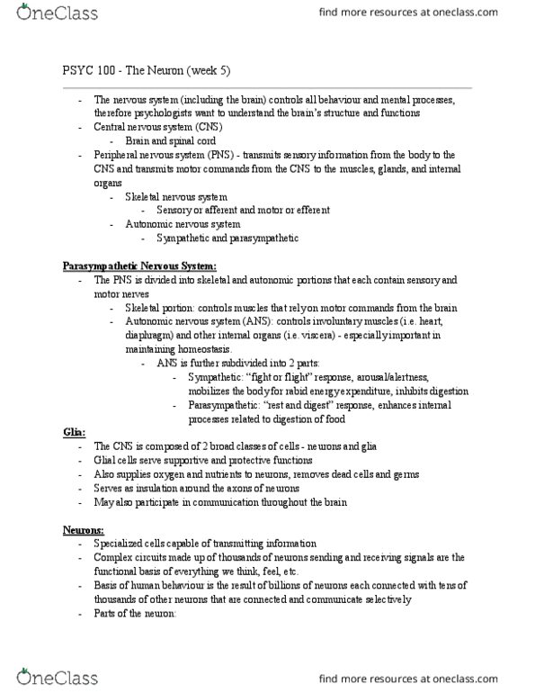 PSYC 100 Lecture Notes - Lecture 5: Central Nervous System, Autonomic Nervous System, Peripheral Nervous System thumbnail