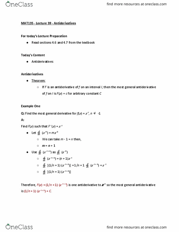 MAT135H1 Lecture Notes - Lecture 39: Antiderivative cover image
