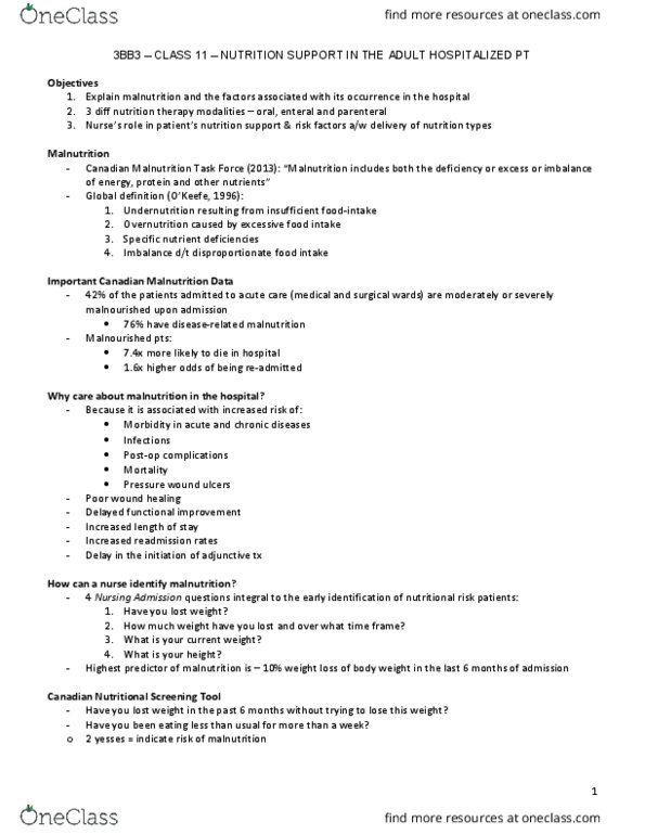 HTHSCI 3BB3 Lecture Notes - Lecture 11: Pressure Ulcer, Enteral Administration, Overnutrition thumbnail