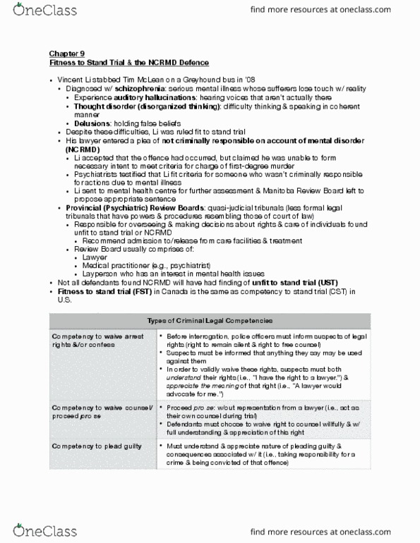 PSY328H1 Chapter Notes - Chapter 9: Killing Of Tim Mclean, Pro Se Legal Representation In The United States, Mental Disorder thumbnail