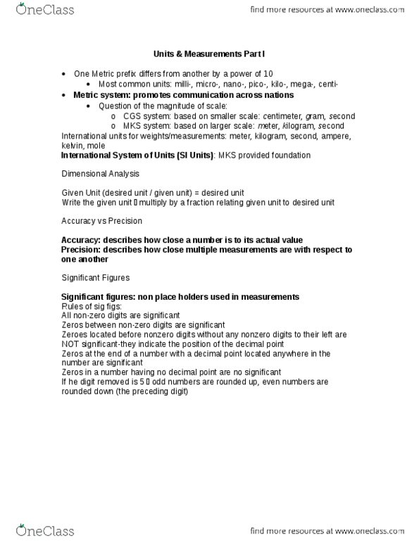 CHEM 1211 Lecture Notes - Mks System Of Units, Metric Prefix, Metric System thumbnail