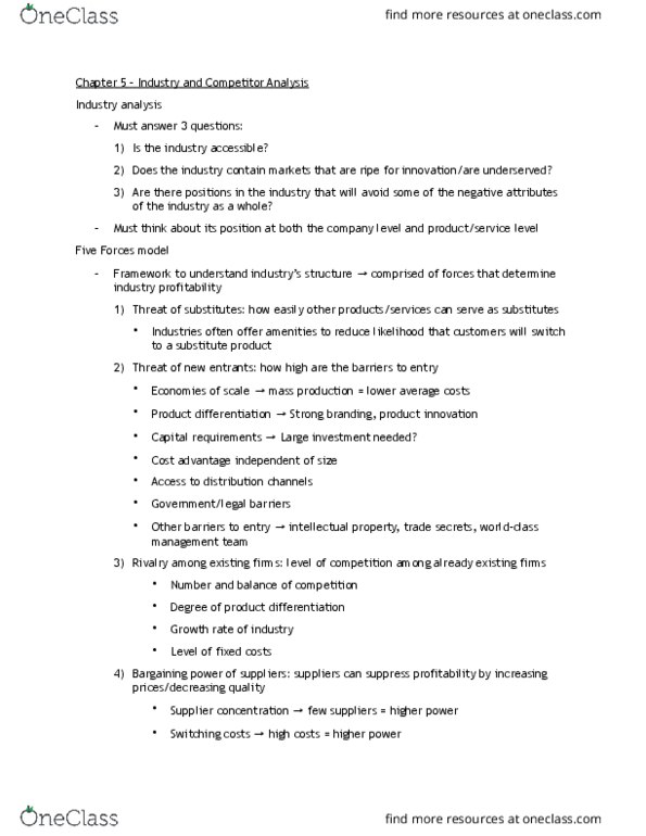 COMM 320 Lecture Notes - Lecture 5: Competitor Analysis, Switching Barriers, Bargaining Power thumbnail