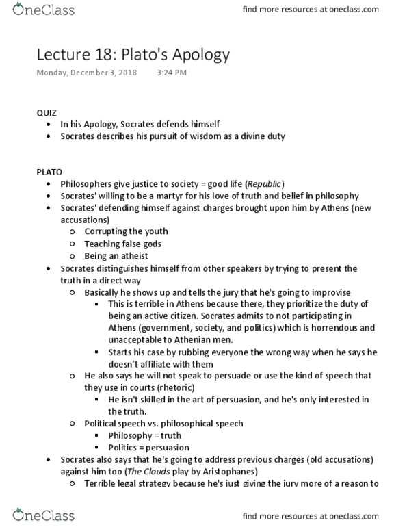 POL S 1 Lecture Notes - Lecture 18: Meletus, Atheism thumbnail