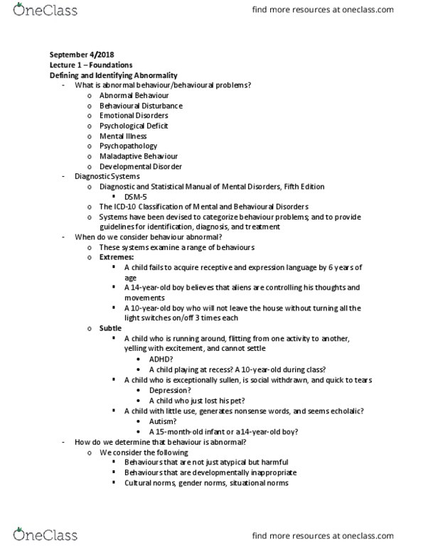 PSYCH 3B03 Lecture Notes - Lecture 1: Echolalia, Dsm-5, Specific Developmental Disorder thumbnail