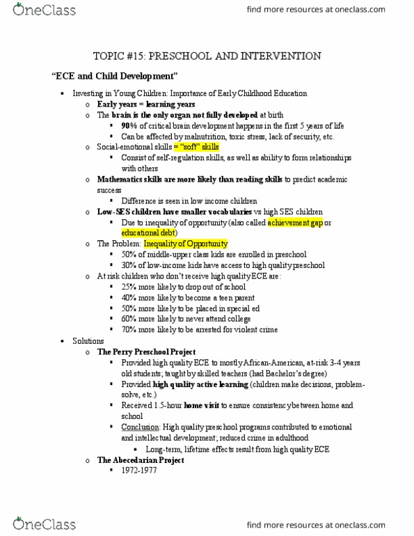 HDE 100A Lecture Notes - Lecture 15: Abecedarian Early Intervention Project, Child Development, Grade Retention thumbnail