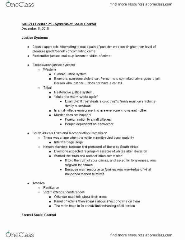 SOC 271 Lecture Notes - Lecture 21: Social Control, Victims Family, Social Disorganization Theory cover image