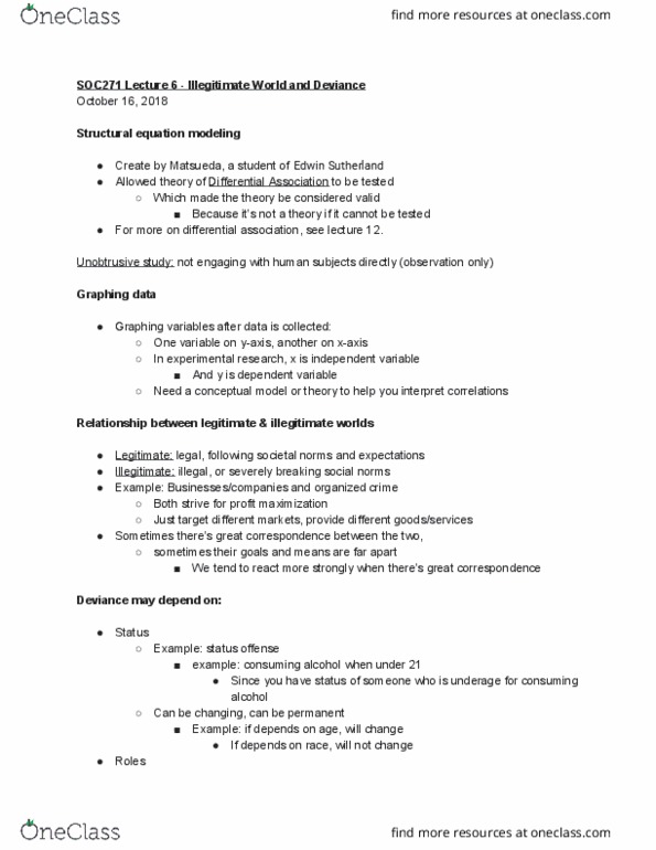 SOC 271 Lecture Notes - Lecture 6: Structural Equation Modeling, Edwin Sutherland, Status Offense cover image